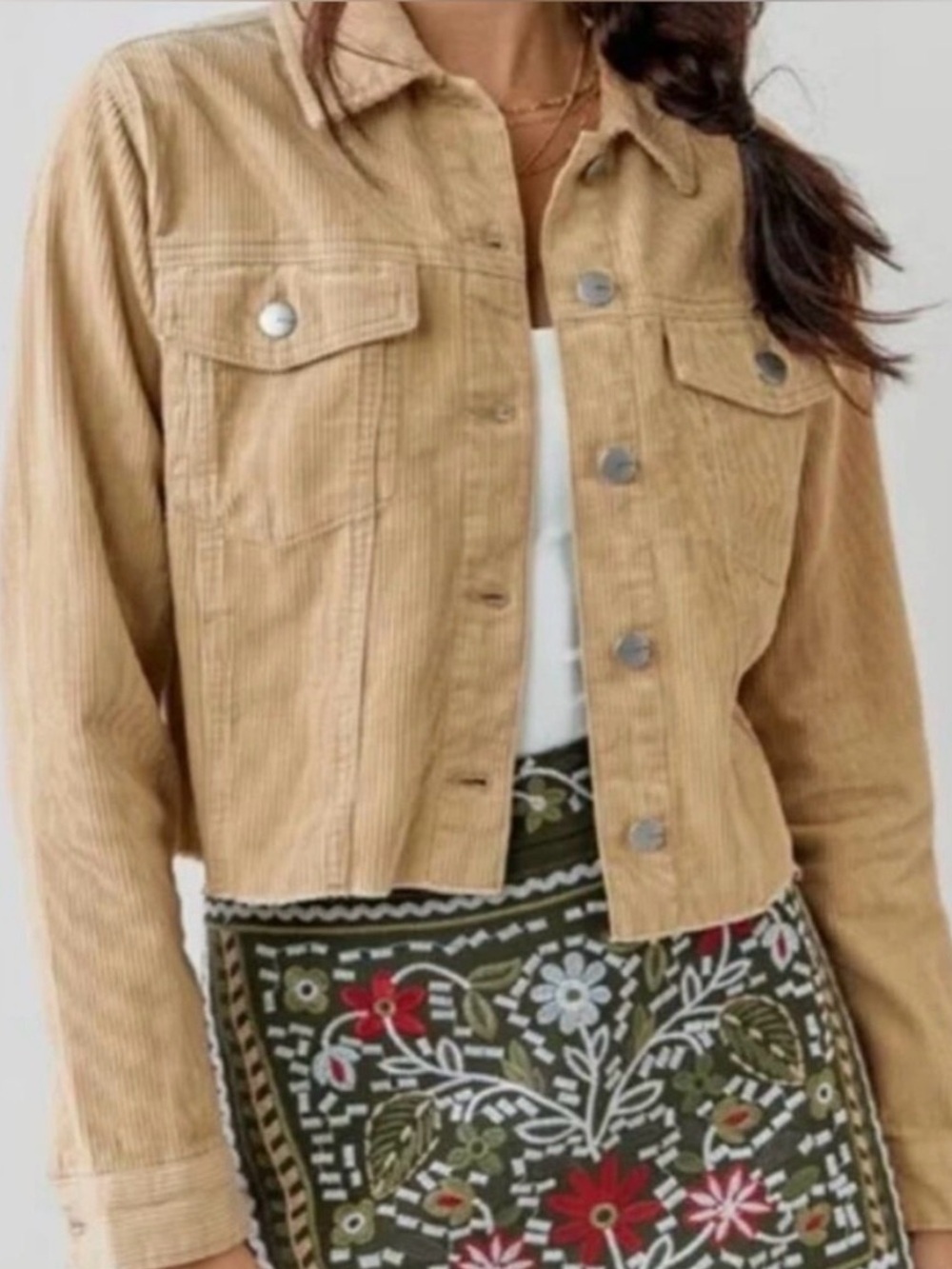 TGLA Beige Corduroy Cropped Jacket Button Front Ribbed Shacket Small 100% Cotton